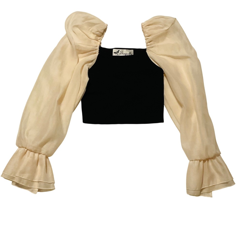 Miou Muse women's Eloise shirt crop sheer ruffle sleeve peasant blouse viscose S